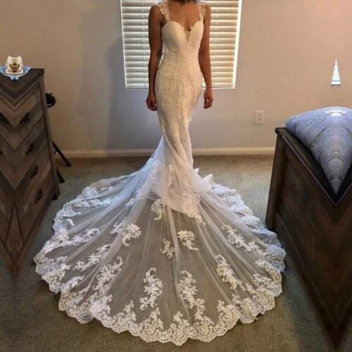 Yiwumensa Long Fish Mermaid Wedding Dress 2021 Sexy Open Back Bridal Gown Lace Appliques V Neck Robe De Marriage Customized H279