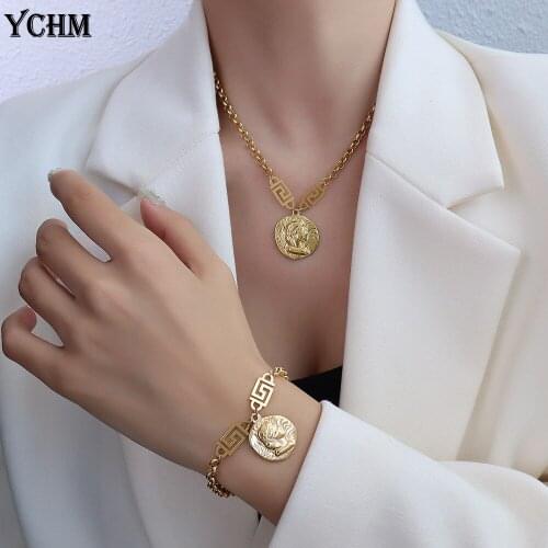 Stainless Steel Queen Avatar Pendant Choker Bracelet Set For Women Gold Plated Jewelry Set Girls Gift YCHM Luxury Jewelry