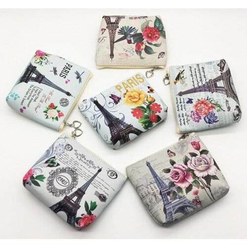 M096 2017 New Women Purses Exquisite Printing Eiffel Tower Series Square PU Leather Coin Purse Card Bag