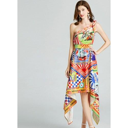 Temperament One-Shoulder Irregular Designer Dress Womens Autumn Runway Vintage Bow Sexy Sleeveless Print Bohemia Dress