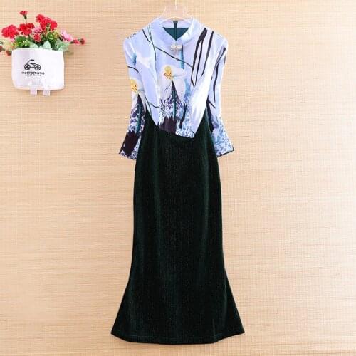 Chinese Style Women Qipao Dress Autumn Royal Stitching Printing Floral Vingtage Elegant Slim Lady Cheongsum Party Dress S-XL