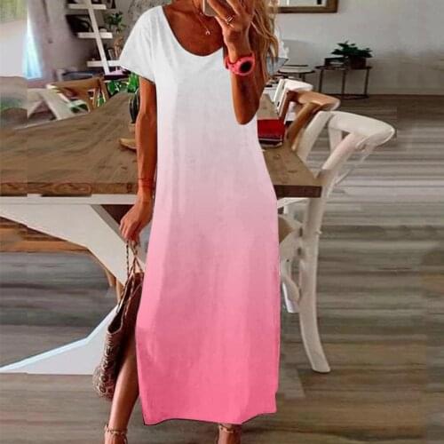 2021 Fashion Female Long Robe Beach Dress Women Summer Round Neck Short Sleeve Print Casual Vintage Bohemian Maxi Dress