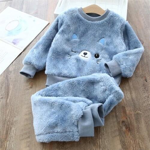 Family Baby Pajamas 2020 Winter Children Home Wear Suit Infants Boys Girls Fluffy Long-Sleeved Pajamas Warm Top Pants Kids 2pcs