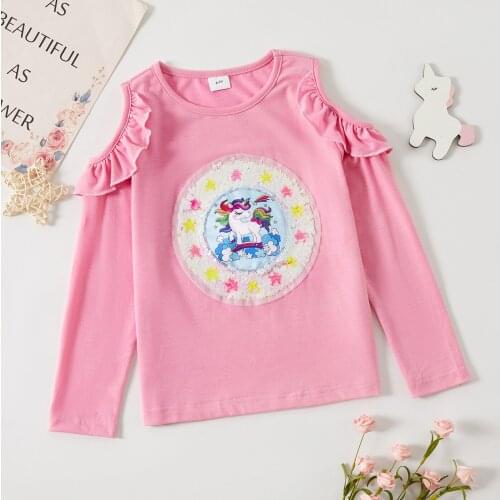 PatPat Pretty Kid Girl Unicorn Print Sequined Flounce Cold Shoulder Long-sleeve Pink T-shirt