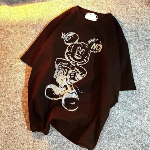 Disney Women T-shirts Mickey Mouse Short Sleeve T-shirt Harajuku Tees Top Cartoon Print O-neck White Black Female Loose Clothing