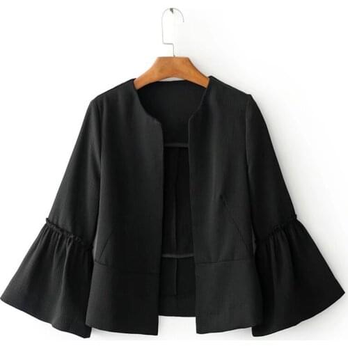 Women Elegant Solid Jacket Open Stitch Design Flare Sleeve Coats Black Red Ladies Casual Brand Outerwear Tops