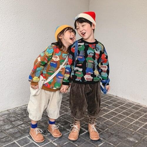 Fashion Print Winter Warm Sweater Girls Costume Long Sleeve Plus Velvet Cotton For Boys Kids Clothes Tops Cartoons High Quality