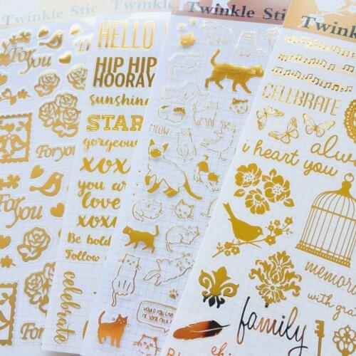 1 Sheet Gold Bling Wish Letters Cats Bird Adhesive Stickers Computer Notebook Hand Account Decor