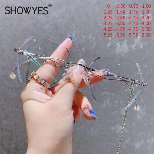 Oversized Elegance Myopia Glasses Women Rimless Computer Eyeglasses Rose Gold Chain with Rhinestone Fashion Girl Eyewear