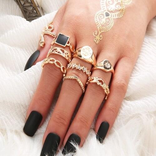 Starose 9 pcs/Lot New Boho Gold Color Snake Black Chain Finger Rings Set Star Sun Joint Ring Toe Knuckle Rings for Women Jewelry
