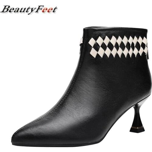 Solid Leather Boots Women Spike High Heels Ankle Boots for Women Shoes Woman Zip Pointed Toe Lingge New Winter Boots Plus Size
