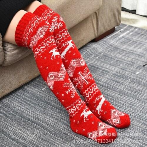Autumn Winter Women Knitted Christmas Cartoon Pattern Big Diamond Reverse Pile Snowflake Fawn Print Elastic Over-The-Knee Stocks
