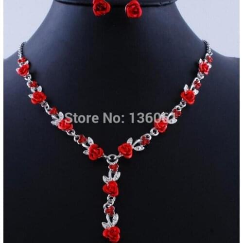 Red Blue Roses Flower Rhinestone Necklace Earring Jewelry Set Vintage Silver Charms For Bridal Women Wedding/Bride Fashion B358