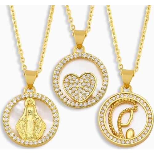 FLOLA CZ Pave Round Virgin Mary Necklace For Women Gold Shell Heart Pendant Necklace Protection Jewelry virgin guadalupe nket66
