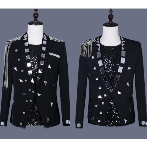Silver Mirrors Rhinestone Stage Wear Men Mirror Chain Tassel Blazer Male Ds Stage Blazers Dj Nightclub Bar Suits XS2127-28