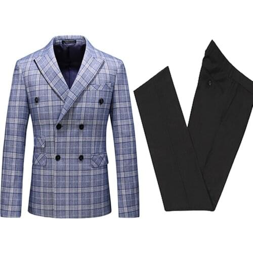 Blue Summer Groom Tuxedos Groomsman Suits Mans Suits For Wedding Dinner Suit Prom Dress Best Men Wear 2/3 Piece Checked Man Suit