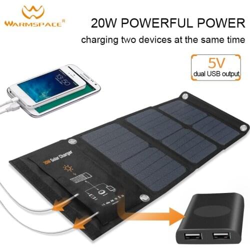 WARMSPACE 20W foldable solar panel portable phone charger dual USB waterproof monocrystalline silicon mobile power source