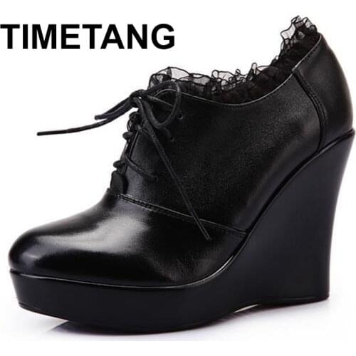 TIMETANG European style leather ladies ultra high heel single shoes 2018 sexy lace belt cowhide OL work shoes for women fashion