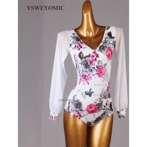 Latin Dance Top Female Adult Child Elegant V-neck BodySuit Practice Clothes Mesh Long Sleeve Flower Spandex Modern Dancing Top