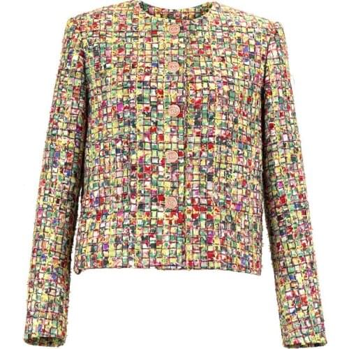 High Quality Designer Color Plaid Woven Tweed Luxury Short Vintage Coat Women Long Sleeve Crop Jacket Button Fall Brand Clothes