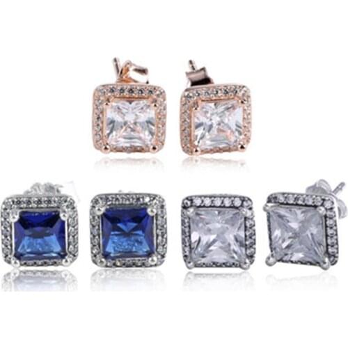 925 Sterling Silver Stud Double Earrings 3 Color Rose Gold Square Shape Women Earrings For Wedding Jewelry