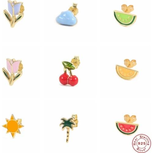 Aide 1PC 925 Sterling Silver Stud Earrings Helix Cute Enamel Rose Cherry Piercing Earrings Women Fine Jewelry Cartilage Aretes