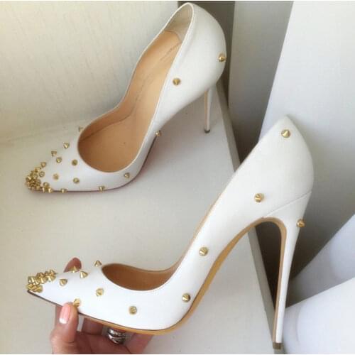 2020 summer New style white matt leather spikes point toe high heels stiletto heel Designer pumps stripper heels 12cm 10cm