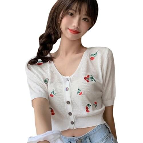 Cardigan Tshirt Sweet Embroidered Cherry Women Summer Korean Style Kawaii Short Sleeve Tee Shirt