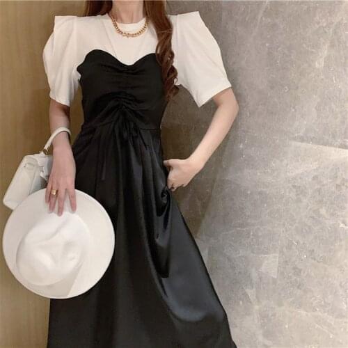 Solid Fake Two-Piece Dress Lady Street Casual Puff Sleeve Womens Summer Dress Fashion Vintage Office Dresses Female Plus Size
