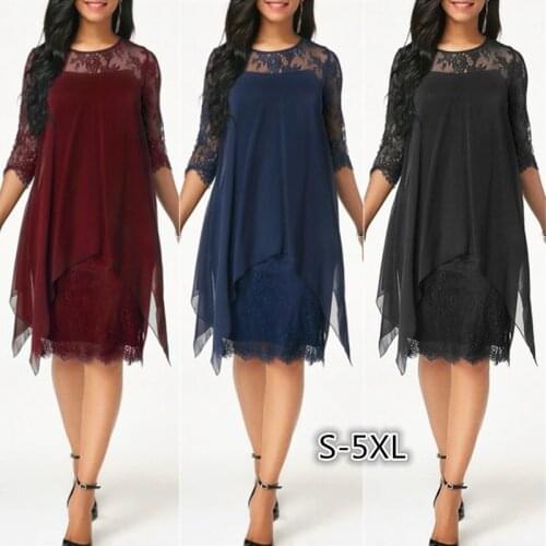 Dress Women Summer new lace stitching 7 minutes of sleeve long knee-length chiffon Dresses Casual Vestidos BLK2827