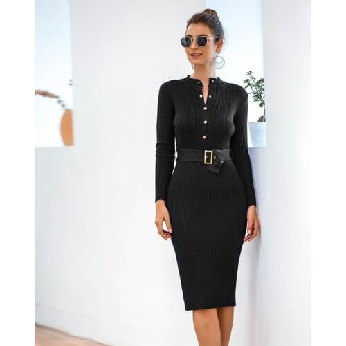 Autumn Winter 2021 Knit Dresses For Women Korean Fashion Single Breasted Slim Warp Hip Black Elegant Midi Dress With Belt
