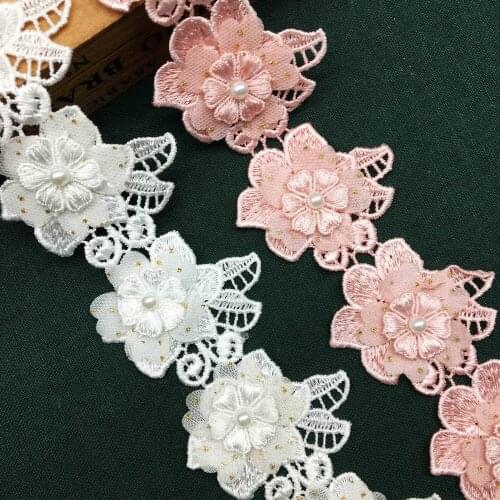 2 Yard Lace Flower Pearl Applique Patch Lace Trim Cotton Dress Ribbon Fabric Motif Applique Baby Sewing Craft Dress Wedding DIY