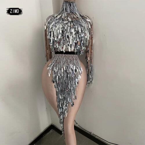 Tassel Latin Dancer two piece top and skirt sets Women Outfit sexy Sequin Fringes Pole nightclub Dance Performance Stage Costume