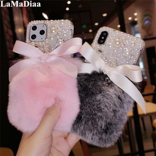 Warm Fluffy Rabbit Fur Bling Diamonds Pearl Jwelry Soft Case Cover For Huawei Honor 8 9 10 20 Lite V10 V20 7X 8X 9X Nova 3 4 5