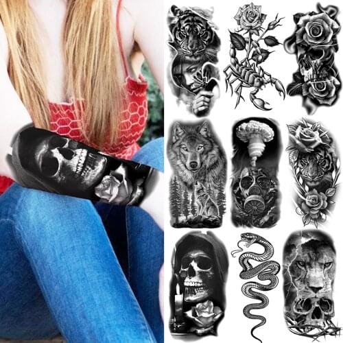 Black Skull Skeleton Temporary Tattoos For Women Men Realistic Tiger Scorpion Lion Snake Wolf Fake Tattoo Sticker Arm Tatoos 3D