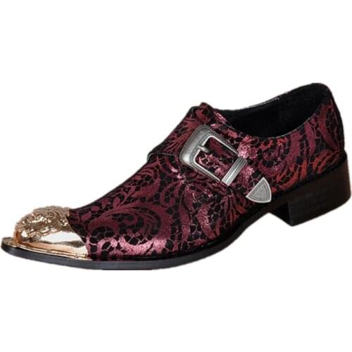 Christia Bella Fashion Men Shoes Metal Pointed Toe Real Leather Party Men Dress Shoes Business Buckle Brogue Shoes Male Big Size