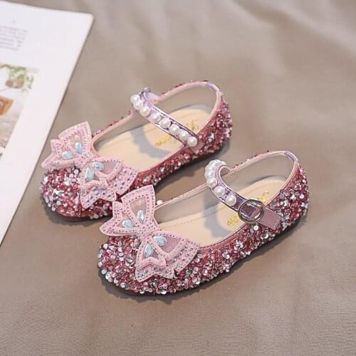 Children Casual Shoes Kids Princess Diamond Pearl Leather Dress Shoes Baby Girls Soft Sole Dance Shoes Bow Beading 21-35