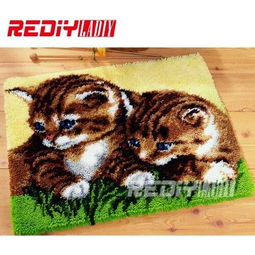 Hot Latch Hook Rug Kits DIY Needlework Unfinished Crocheting Rug Yarn Cushion Mat Double Cats 3D Embroidery Carpet Free Shipping