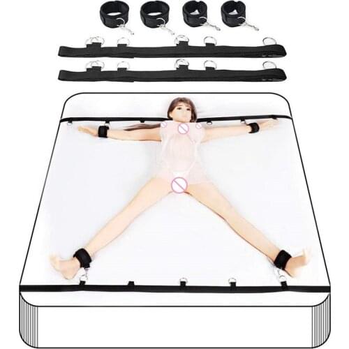 Bed bondage SM Game Adjustable posture Nylon bandage Plush handcuffs and anklecuffs couple flirting toys Binding fixed on Bed