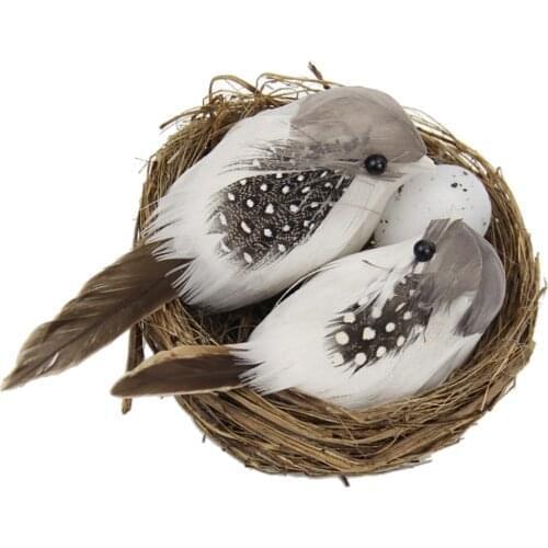 1 Set Artificial Feathered Birds & Nest & Egg Creative Craft Birds Sculpture Lawn Arts Ornaments Home Garden Lawn Decoration