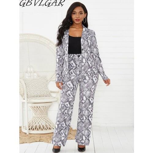 GBVLGAR Women OL Two Pieces Set Long Sleeve Turn Down Collar Snake Print Blazer Jacket Long Pants Suit Female Autumn Suit