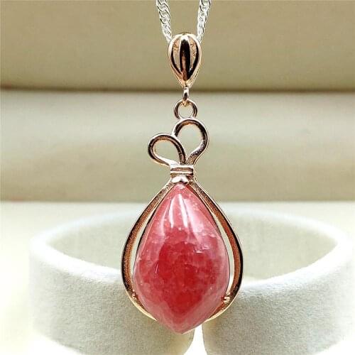 Genuine Natural Red Ice Rhodochrosite Gemstone Love Pendant 31x19mm Gemstone Women Necklace Jewelry Rose Gold Plated AAAAA