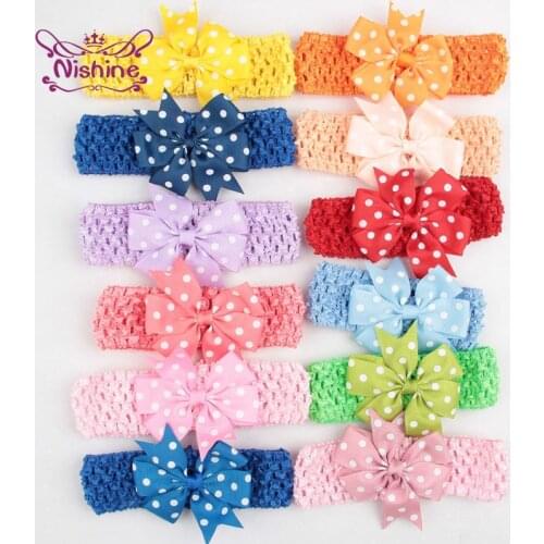 Nishine 10pcs/lot 8.5 CM Grosgrain Ribbon Bowknot Baby Girls Headband with Dots Crochet Elastic Hairband Infant Hair Accessories