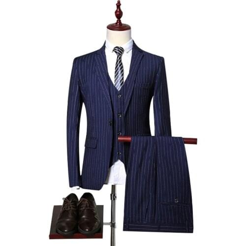 Jacket + Vest + Pants ) Boutique Fashion Striped Mens Casual Business Suit 3 Pcs Set Groom Wedding Dress Formal Striped Suit