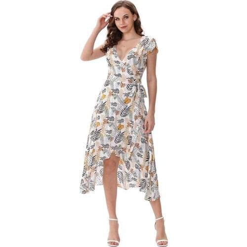 100% viscose print summer dress sexy V-neck asymmetric tie waist long midi sundress M30576