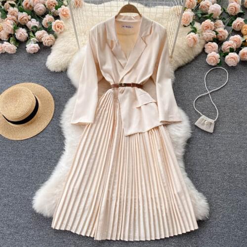 French Ladies Autumn New Suit Collar Dress Solid Color OL Professional Clothing Female Mid-Length Temperament Pleated Dress M457