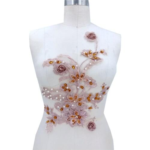 Sew on rhinestones light pink lace embroidery applique 40*25cm patches trim for dress DIY accessories