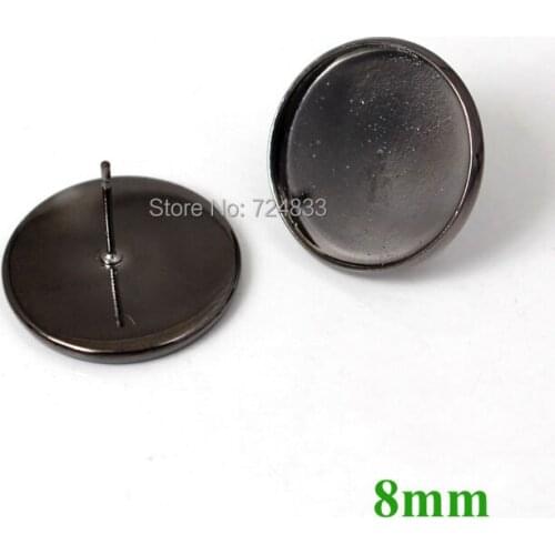 8mm Gunmetal Black Plated Brass Blank Bases Round Bezel Tray Glass Cabochon Pin Stud Earrings Post Settings Findings Wholesale