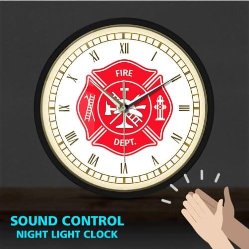 Vintage Firefighter Maltese Cross Metal Frame LED Wall Clock Sound Activated First Responder Fire Department Decor Firemen Gifts
