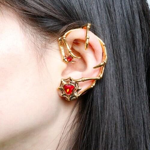 Red Crystal Ear-cuffs Women Leaf Stud Earring Gothic Jewlery Party Hip Hop Earclips